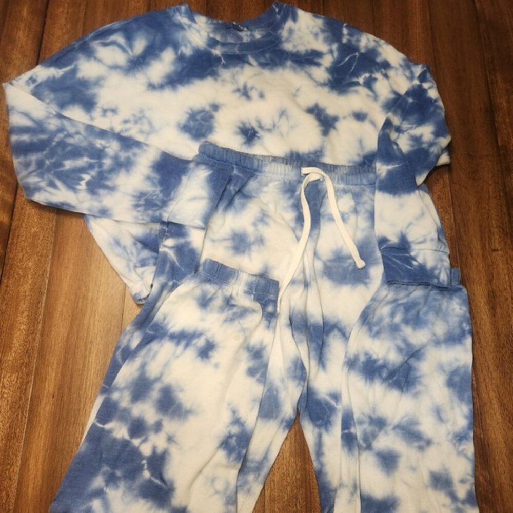 GARAGE Tie Dye Sweatshirt Jogger Pants Lounge Set Blue White P/S Cozy - Picture 2 of 7